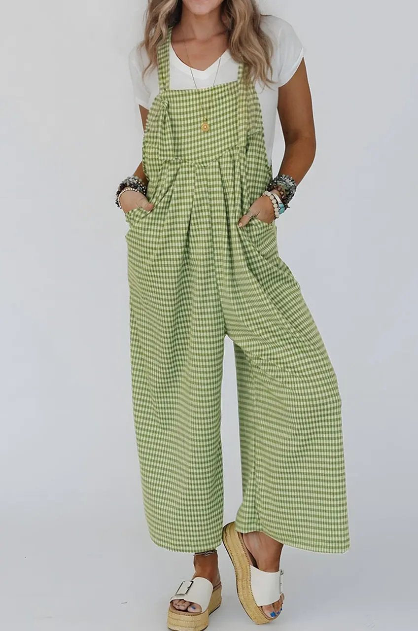 Green Gingham Wide Leg Overalls With Pockets For Women Dear-Lover Dropshipping